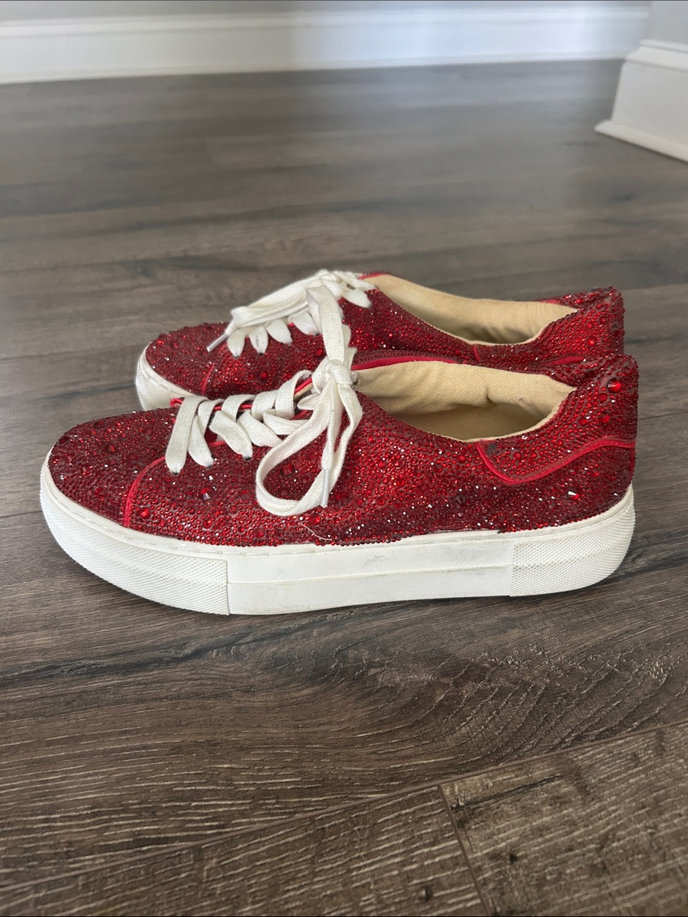 Red Betsey Johnson Glitter Platform Sneakers - Women's Casual Fashion Shoe